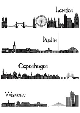 Sights of London, Dublin, Warsaw and Copenhagen, b-w vector clipart