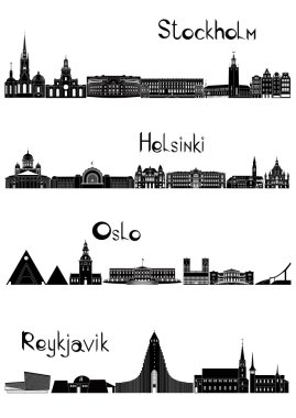 Sights of Stockholm, Oslo, Reykjavik and Helsinki, b-w vector clipart
