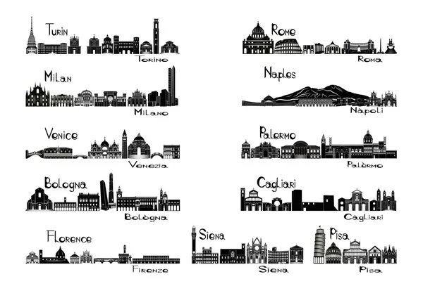 Signes de silhouette de 11 villes d'Italie — Image vectorielle