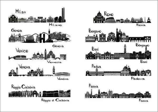 10 villes d'Italie - panneaux de silhouette — Image vectorielle