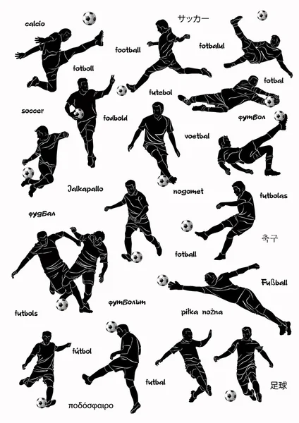 Futbolistas con palabra fútbol en diferentes idiomas — Vector de stock