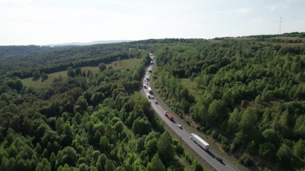 Αεροφωτογραφία του γραφικού δρόμου ανάμεσα σε καταπράσινα δέντρα με πεύκα σε ένα ηλιόλουστο πρωινό του καλοκαιριού. Φυσικό τοπίο στη Σιβηρία, Ρωσία. Ένας δρόμος που περνά μέσα από ένα κωνοφόρο δάσος, εναέρια βολή από ένα drone. — Αρχείο Βίντεο