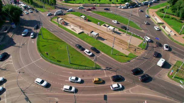 Transport Aerials - aerial view of roundabout, freeway busy city rush hour heavy traffic circle. — Stock Video