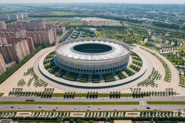 Krasnodar, Rusya - Mayıs 2021: Krasnodar Stadyumu ve Galitsky Parkı 'nın hava manzarası