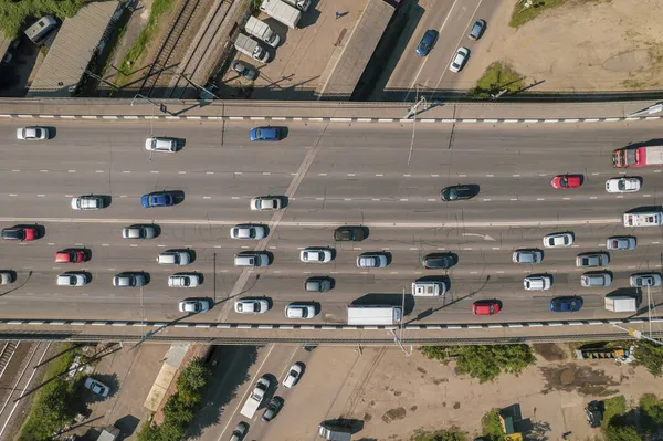 Transport Aerials - top down view of freeway busy city rush hour heavy traffic jam highway. — Stock Photo, Image
