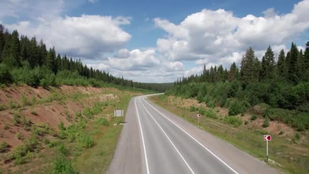 Vista aerea di strada panoramica tra alberi verdi con pini in una soleggiata mattina d'estate. Paesaggio naturale in Siberia, Russia. Una strada che attraversa una foresta di conifere, ripresa aerea da un drone. — Video Stock
