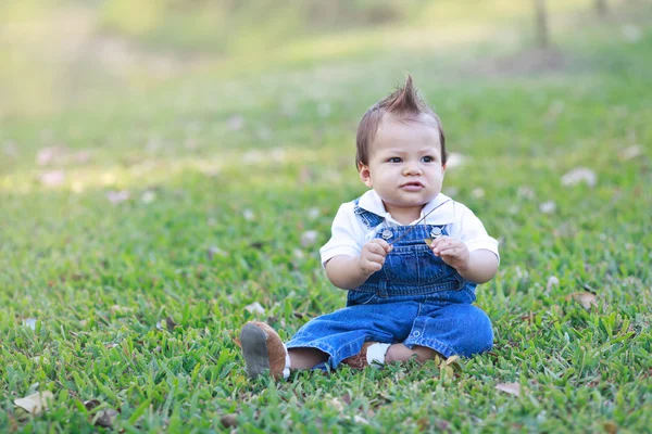 Schattige baby zitten in het gras Rechtenvrije Stockfoto's
