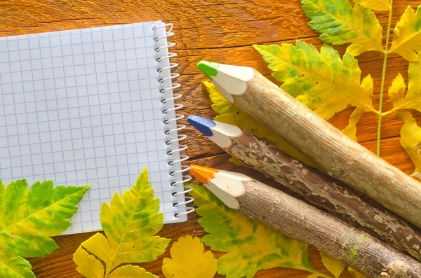 Pencils and note on wooden board — Stock Photo, Image