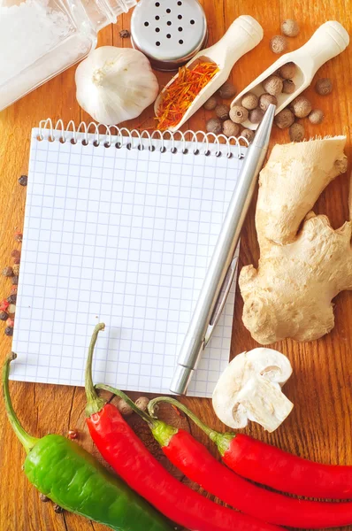 Vegetables and spices border and blank paper for recipes — Stock Photo, Image
