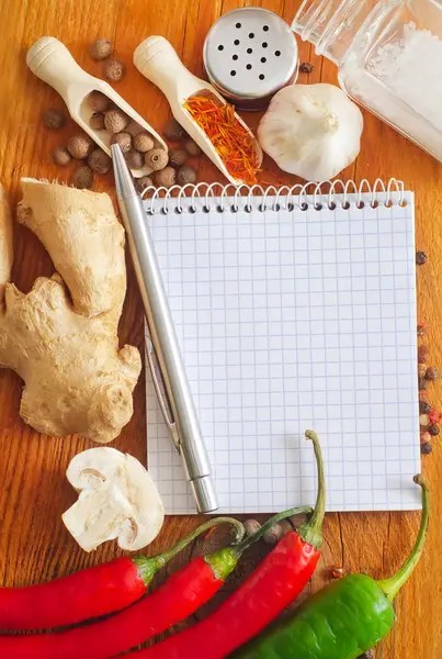 Vegetables and spices border and blank paper for recipes — Stock Photo, Image