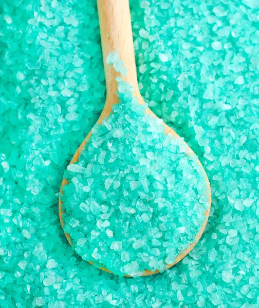 Blue sea salt in wooden spoon — Stock Photo, Image