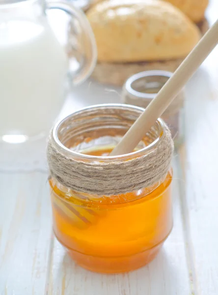 Honing, brood en melk — Stockfoto