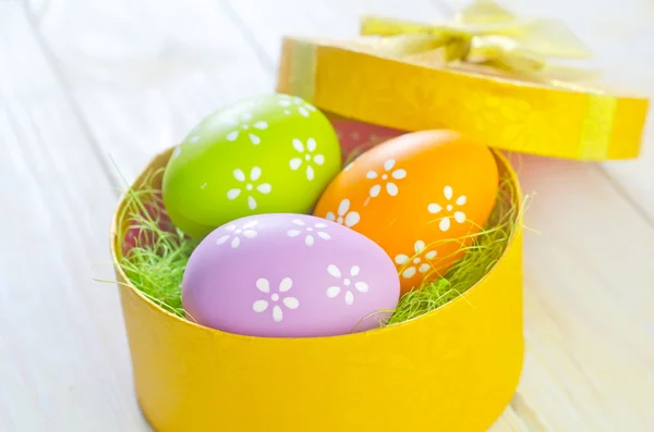 Easter eggs in yellow box — Stock Photo, Image