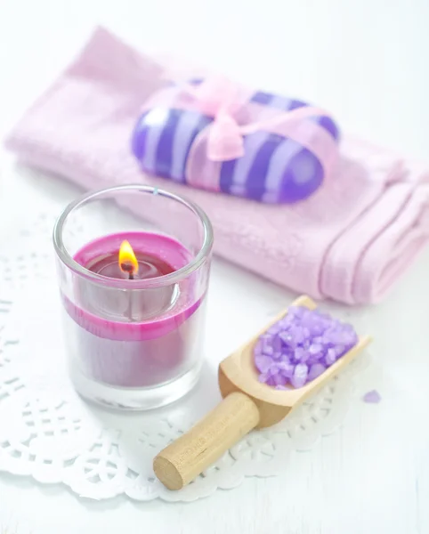 Sea salt, soap and candle — Stock Photo, Image