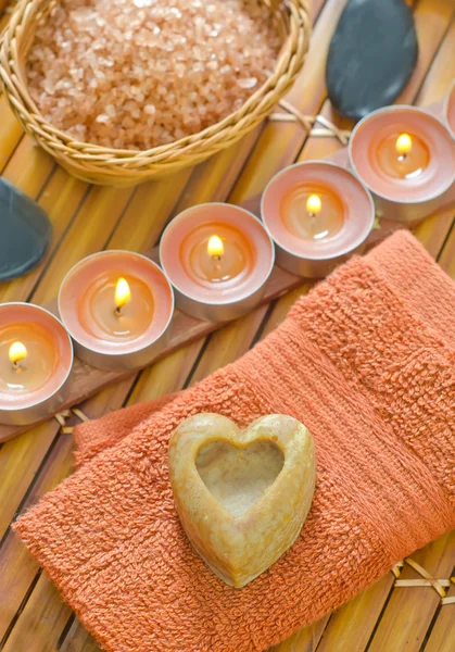 Sea salt, soap and candles — Stock Photo, Image