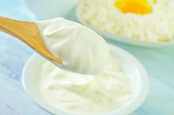 사 우 어 크림, 우유, 계란, 코 티 지 — 스톡 사진