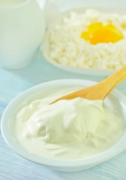 Cottage,eggs,milk and sour cream — Stock Photo, Image