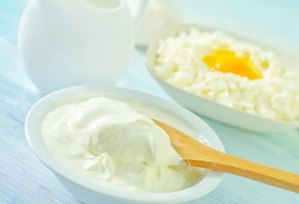 Cottage,eggs,milk and sour cream — Stock Photo, Image