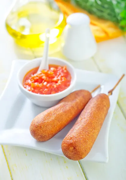 Corndogs and sauce — Stock Photo, Image