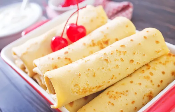 Pancakes with cherry — Stock Photo, Image