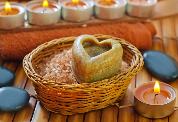 Sea salt, soap, towel and candles — Stock Photo, Image