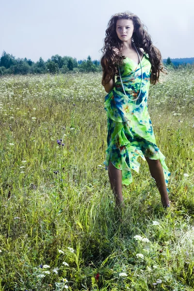 A szép lány a zöld mező — Stock Fotó