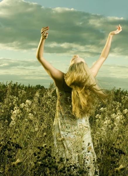 Счастливая девушка в поле — стоковое фото
