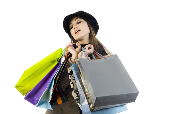 Retrato de mujeres jóvenes y hermosas con sus bolsas de compras Imagen de stock