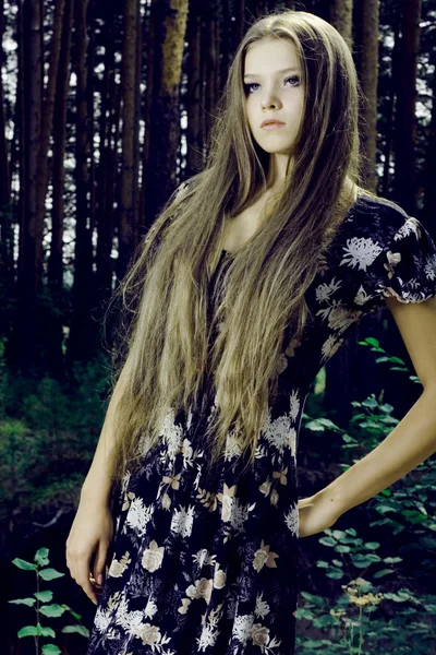 Menina bonita em uma floresta selvagem — Fotografia de Stock