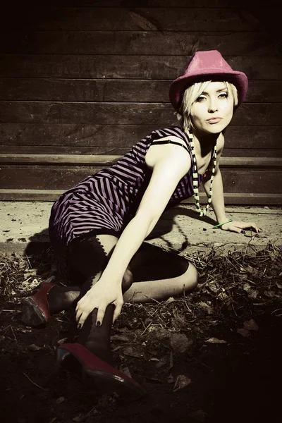 Portrait of a beautiful blond girl with hat — Stock Photo, Image