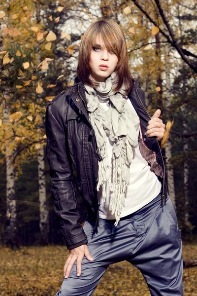 Portrait of beautiful young woman in autumn park — Stock Photo, Image