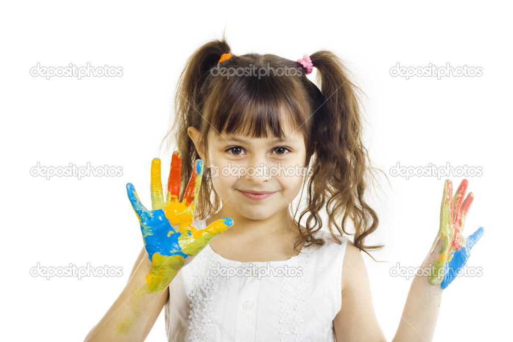 Portrait of a cute cheerful girl with painted hands, isolated over white