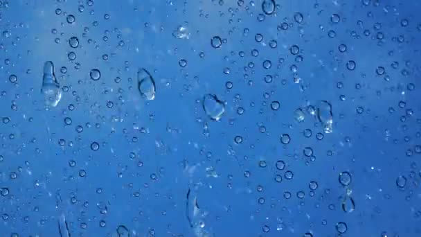 Gotas de agua sobre fondo azul — Vídeos de Stock