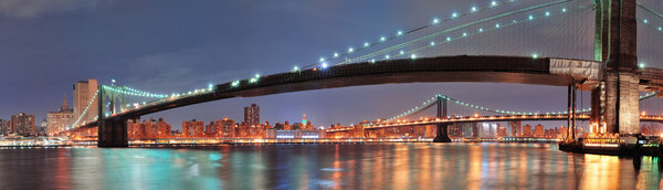 New York City Manhattan Bridge and Brooklyn Bridge with downtown skyline panorama over East River at night