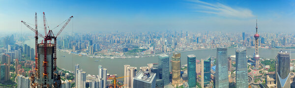 Shanghai urban city aerial panorama view with skyscrapers