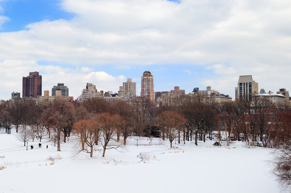 New York City Manhattan Central Park in winter with snow and city skyline with skyscrapers, blue cloudy sky.