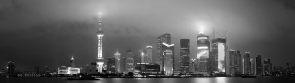 Shanghai skyline panorama in black and white at night
