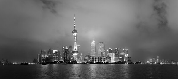 Shanghai skyline panorama in black and white at night