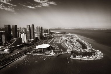 Xiamen şehir mimarisi Fujian, Çin 'de havadan izlendi..