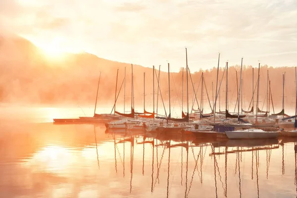 Boat Morning Foggy Lake Sunrise Mont Tremblant Canada — Stock Photo, Image