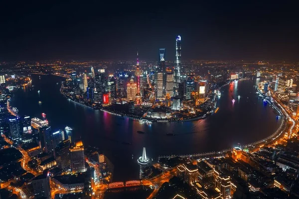 Shanghai Pudong Vista Aerea Notturna Dall Alto Con Skyline Della — Foto Stock