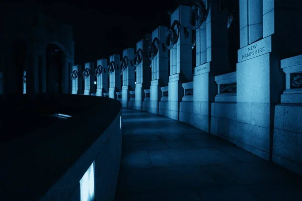 Mémorial Seconde Guerre Mondiale Avec Fontaine Nuit Washington — Photo