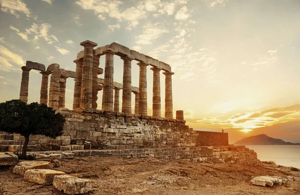 Zachód Słońca Świątyni Posejdon Koło Aten Grecja — Zdjęcie stockowe
