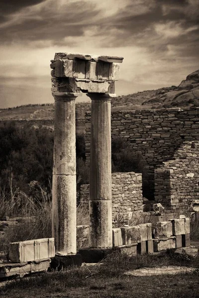 Pilaren Historische Ruïnes Delos Eiland Bij Mikonos Griekenland — Stockfoto
