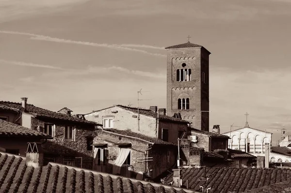 Věž Chiesa San Pietro Střechami Historických Budov Lucca Itálie — Stock fotografie