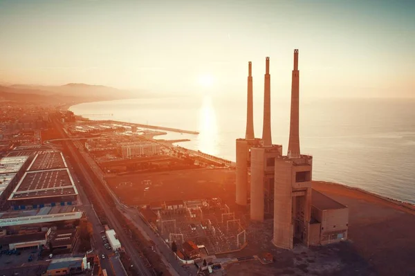 Besos Thermic Power Plant Aerial View Sunrise Barcelona Coast Spain — Stock Photo, Image