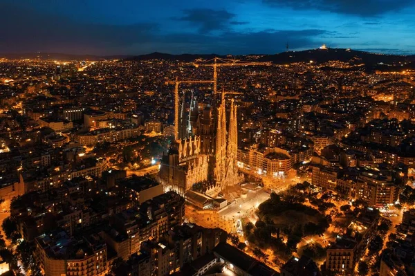 Sagrada Familia Basilica Aerial View Night Famous Landmark Barcelona Spain — Stock Photo, Image