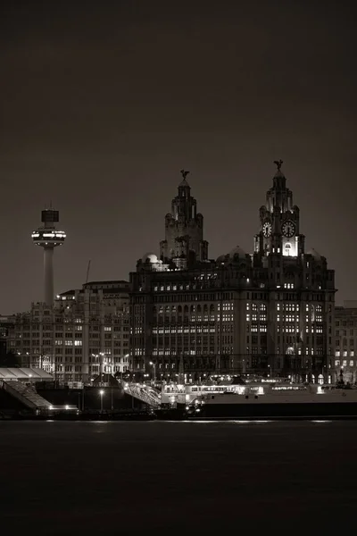 Liverpool Royal Liver Building Nuit Avec Des Bâtiments Angleterre Royaume — Photo