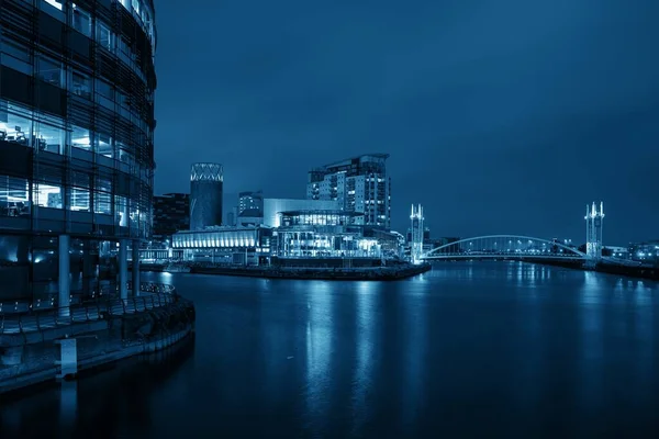 Salford Quays Affärsdistrikt Natten Manchester England Storbritannien — Stockfoto