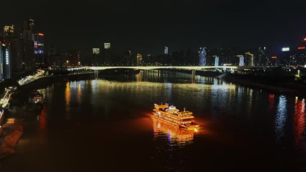 Színes Csónak Folyóban Éjjel Chongqing Kínában — Stock videók
